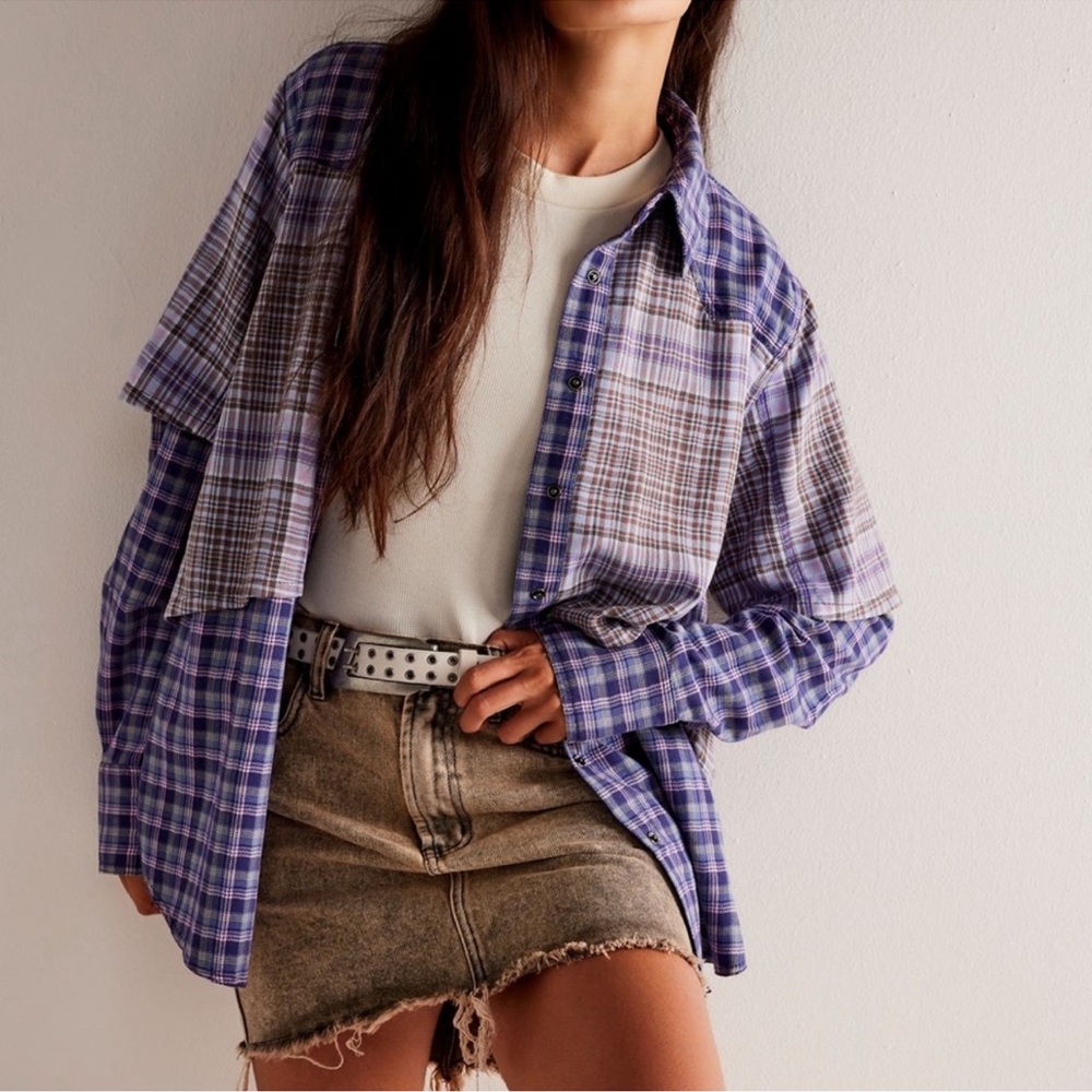 Free People We the Free Layer it Up Plaid Flannel Snap Down Top in Blue Combo
